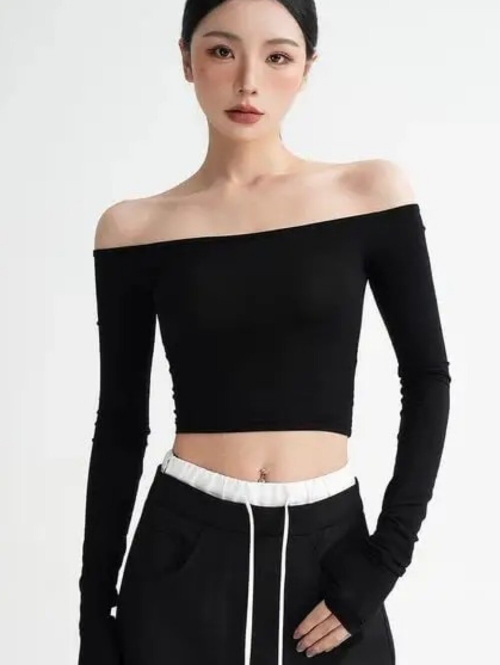 Off-Shoulder Black Long-Sleeve Crop Top